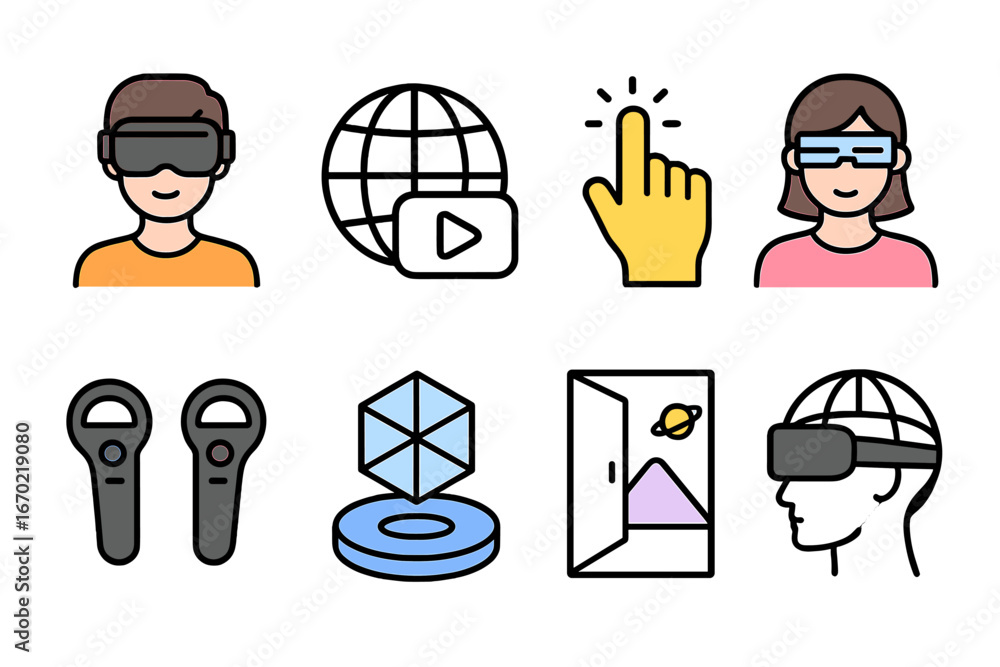 Poster vector outline icon set featuring virtual reality elements including users, controllers, and immersi