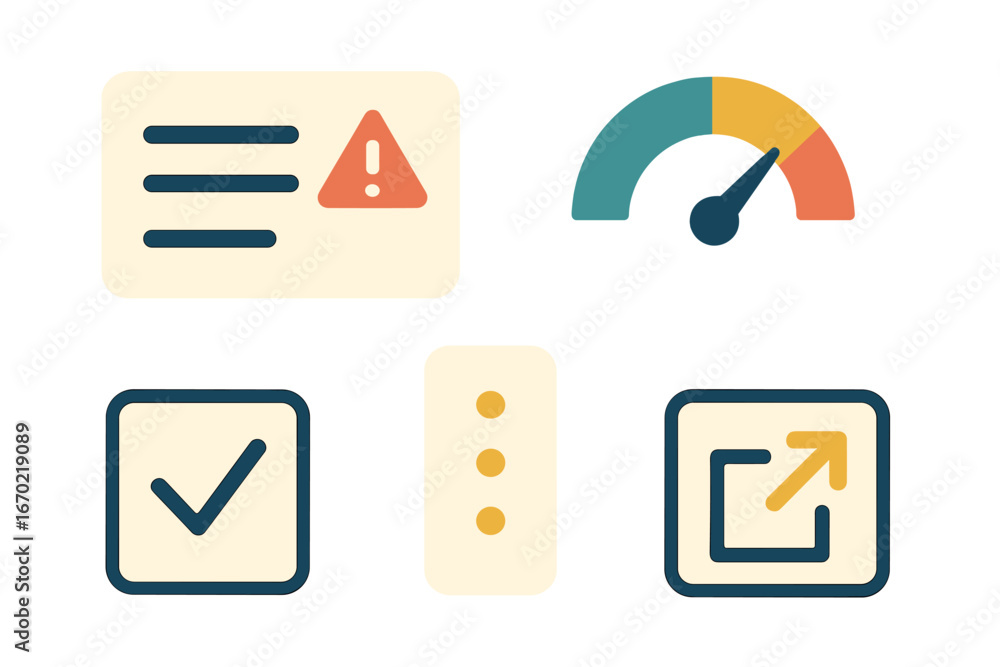 Poster vector outline icon set featuring alert signs, check marks, gauges, and external link symbols for di