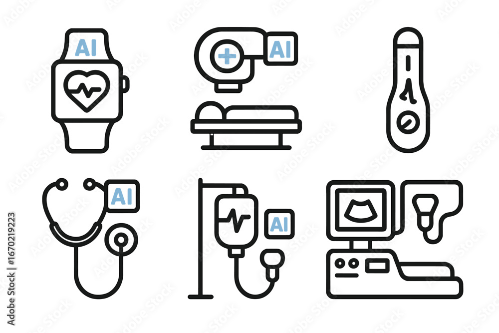 Poster vector outline icon set featuring health technology and medical devices designed with ai integration
