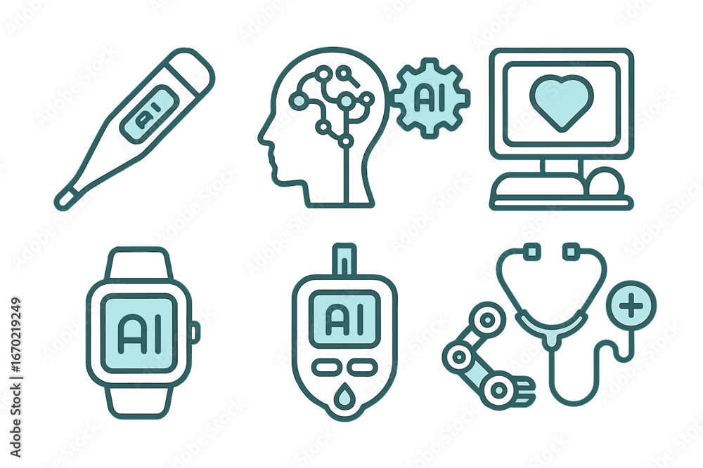 Poster vector outline icon set representing healthcare technology and artificial intelligence in medical ap