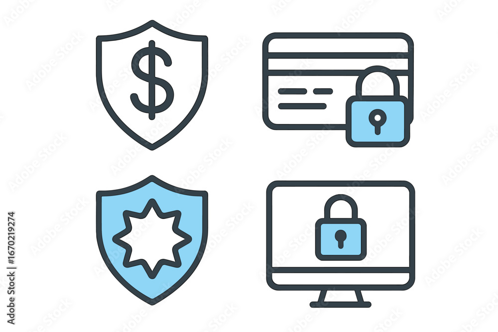 Poster vector outline icon set illustrating security and protection symbols in modern design for various ap