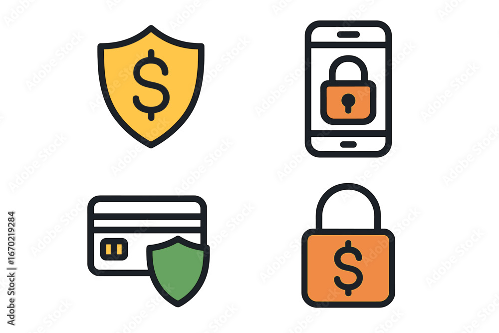 Poster vector outline icon set featuring financial security symbols for online transactions and data protec