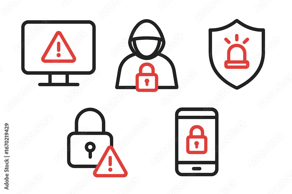 Poster vector outline icon set showcasing security themes with warning symbols related to digital safety me