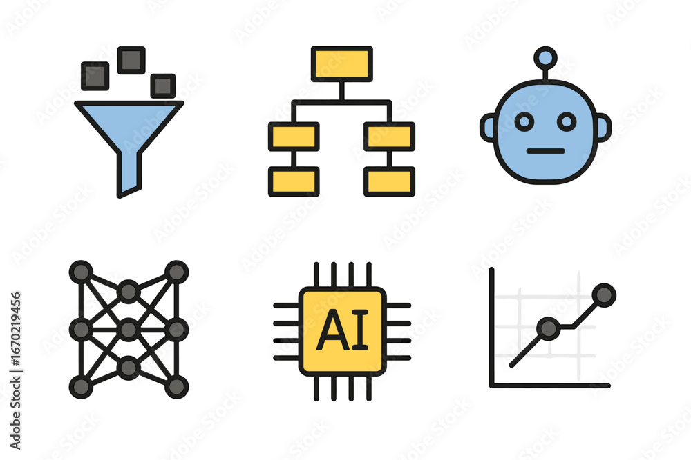 Poster vector outline icon set featuring data analysis, artificial intelligence, and technology elements fo