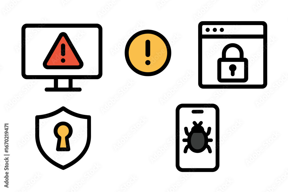Poster vector outline icons representing online security issues and alerts for danger, protection, and malw
