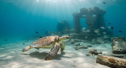Sea turtle near underwater ruins