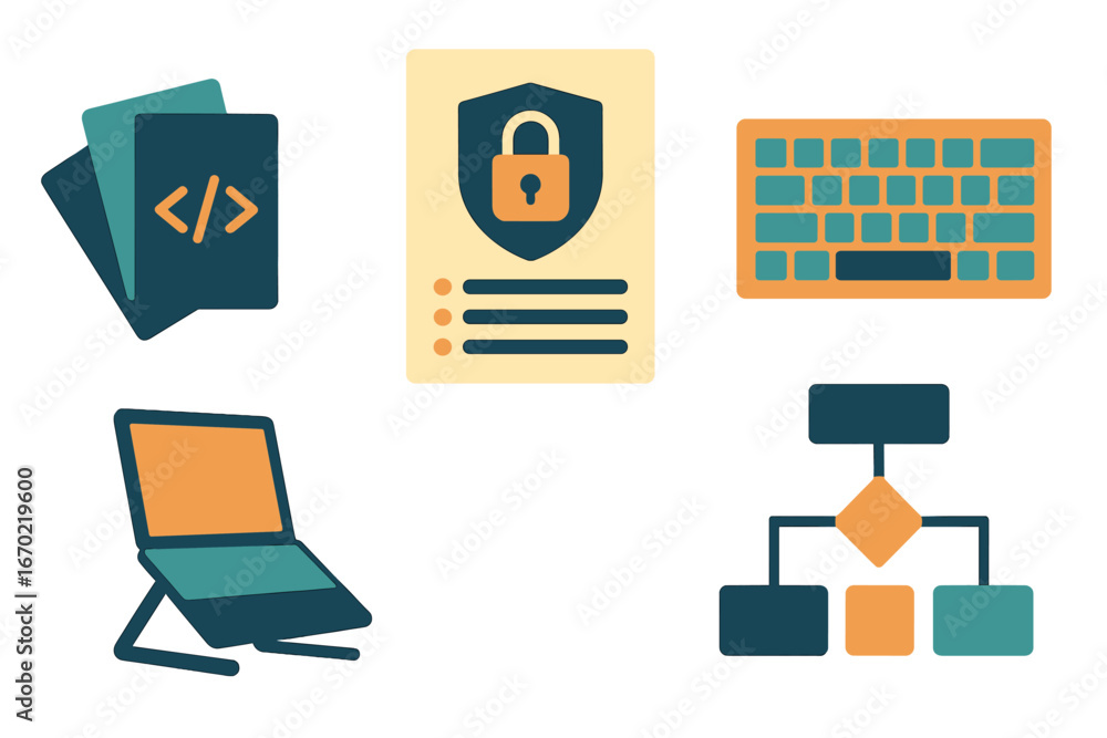 Poster vector outline icon set featuring coding, security, keyboard, and computer elements for digital desi