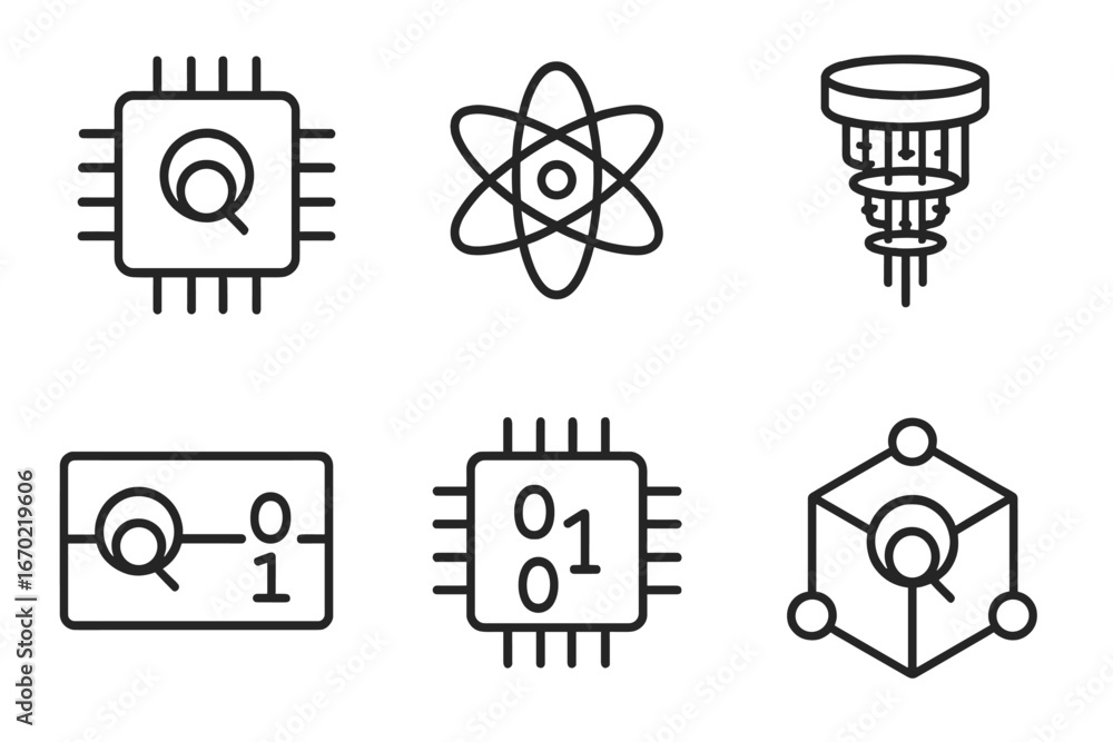 Poster modern vector illustrations of quantum computing concepts and symbols