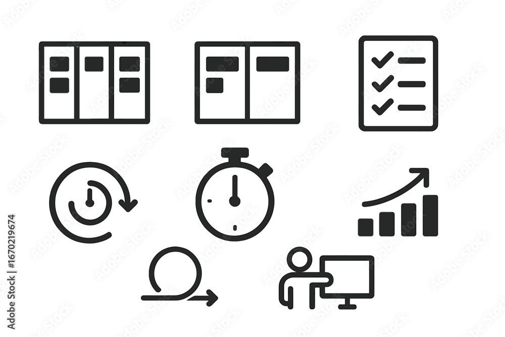 Poster vector outline icon set featuring organization, time management, and progress tracking elements for 