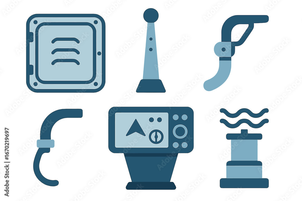 Poster vector outline icon set featuring various industrial and mechanical elements and controls
