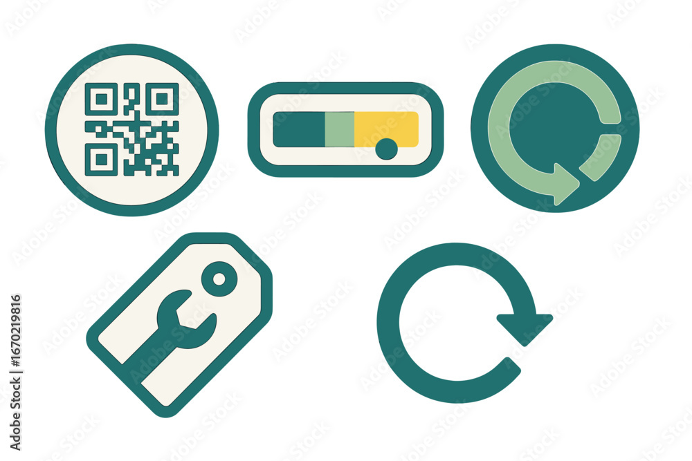 Poster vector outline icon set featuring qr code, progress bar, refresh symbol, tool tag, and circular arro