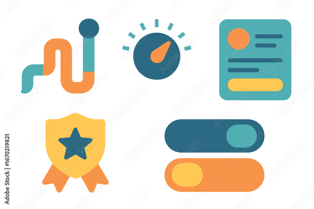 Poster vector outline icon set featuring trophy, dashboard gauge, document, switch buttons, and winding lin