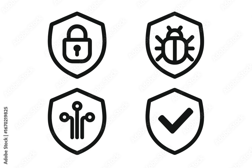 Poster vector outline icon set representing security features, including lock, bug, circuit, and verificati