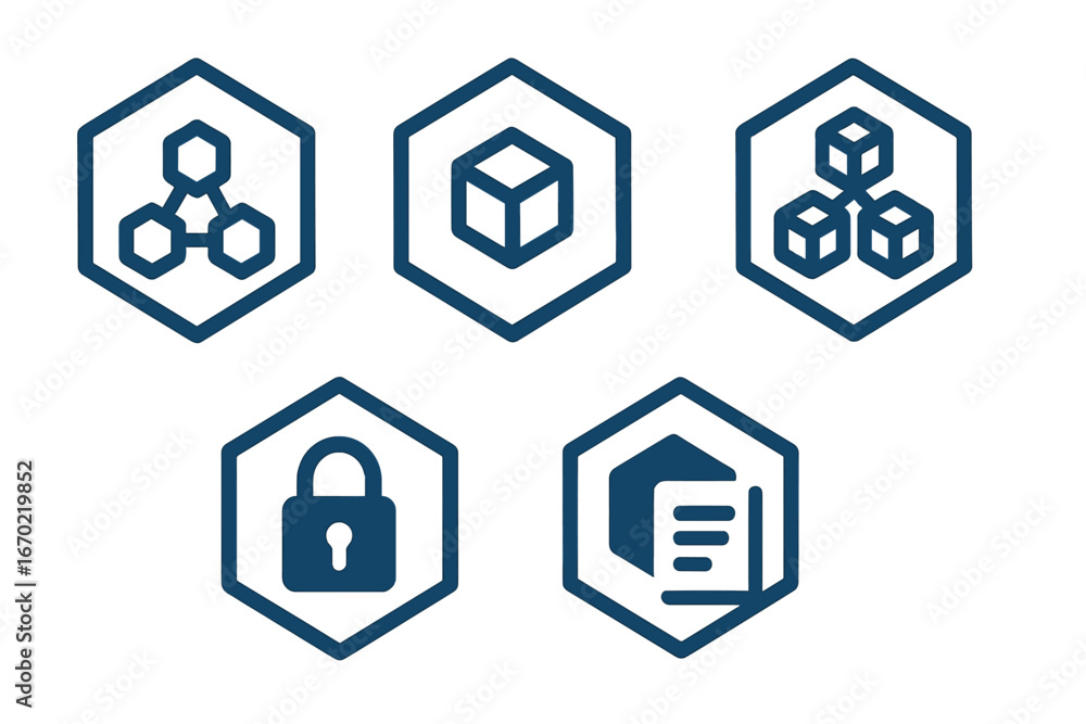 Aufkleber vector outline icon set featuring abstract shapes, security symbols, and cube designs for digital ap