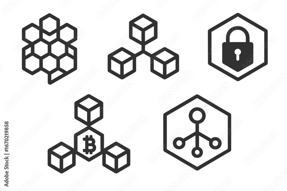 Poster Vector outline icon set illustrating blockchain technology concepts and security features relevant for digital applications and designs
