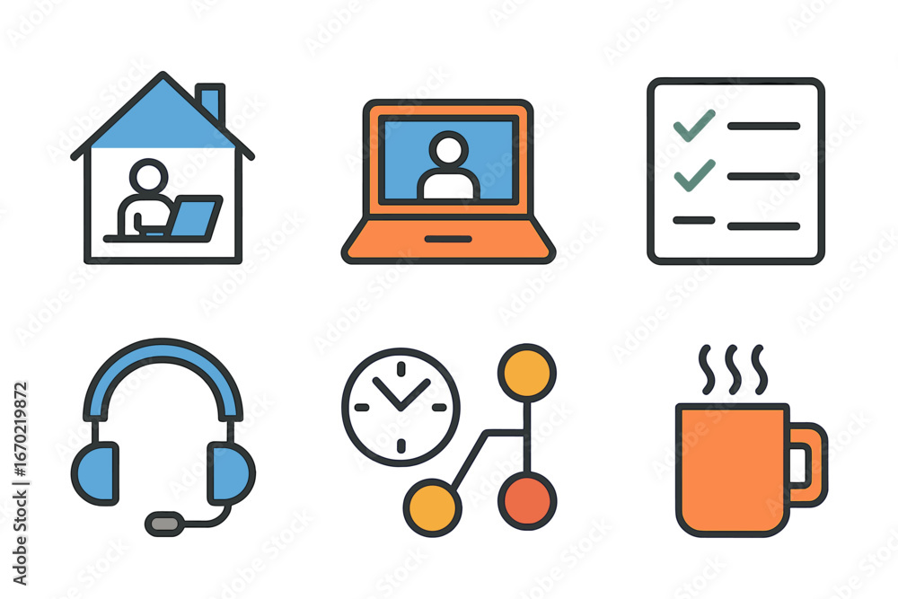 Poster outline icon set showcasing remote work and time management elements in a modern design