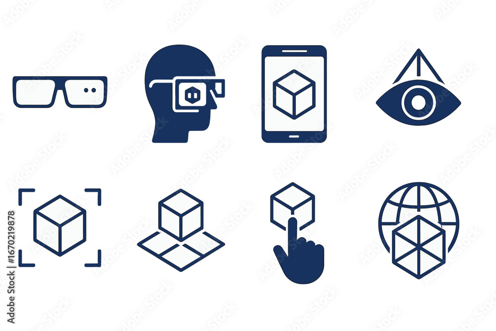 Poster vector outline icon set showcasing augmented reality concepts including glasses, phone, and interact