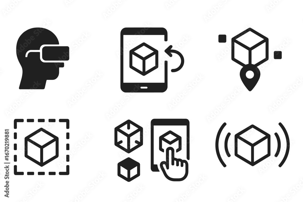 Poster vector outline icon set featuring virtual reality, augmented reality, and 3d modeling symbols for te