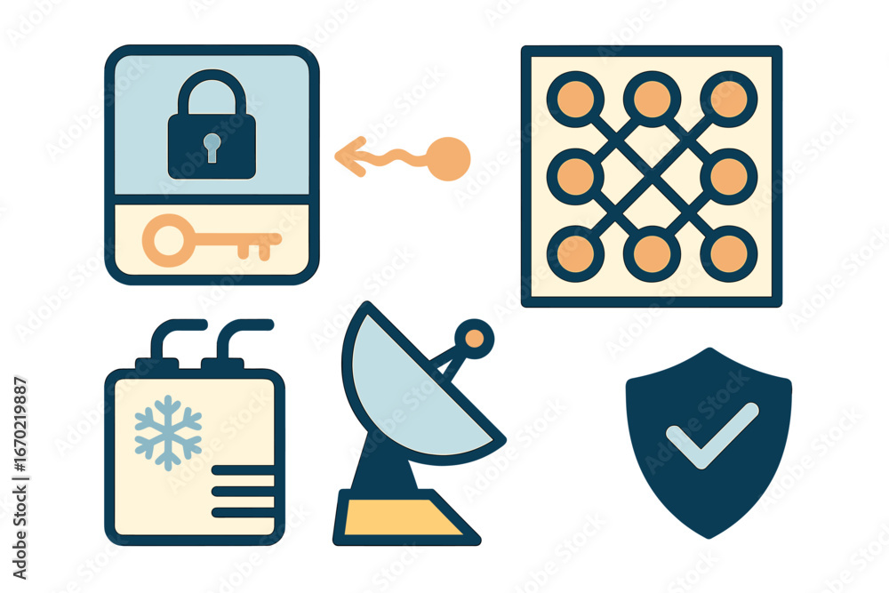 Poster vector outline icons depicting security, communication, and data protection concepts for digital app