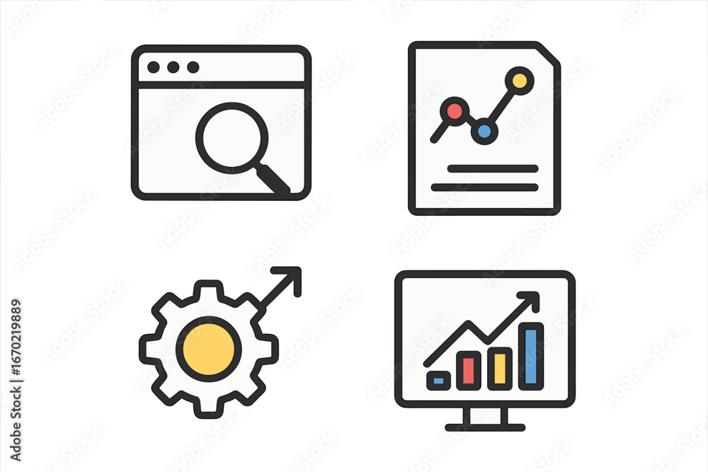 Poster vector outline icon set showcasing search, data analysis, and growth concepts for digital applicatio