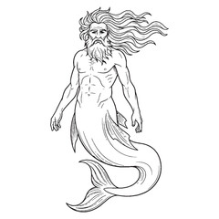 Symbolic Nereus Line Art – Sea God Vector Outline Drawing of Old Man of the Waves – Nereus Drawing – Vector of Nereus – Nereus Outline – Greek God Lineart