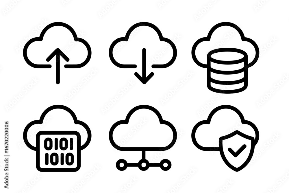 Poster vector outline icon set depicting various cloud computing symbols for data management and security