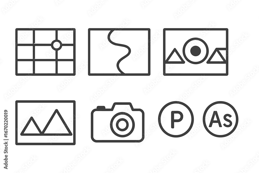 Aufkleber vector outline icon set showcasing various design and photography symbols for creative projects and 