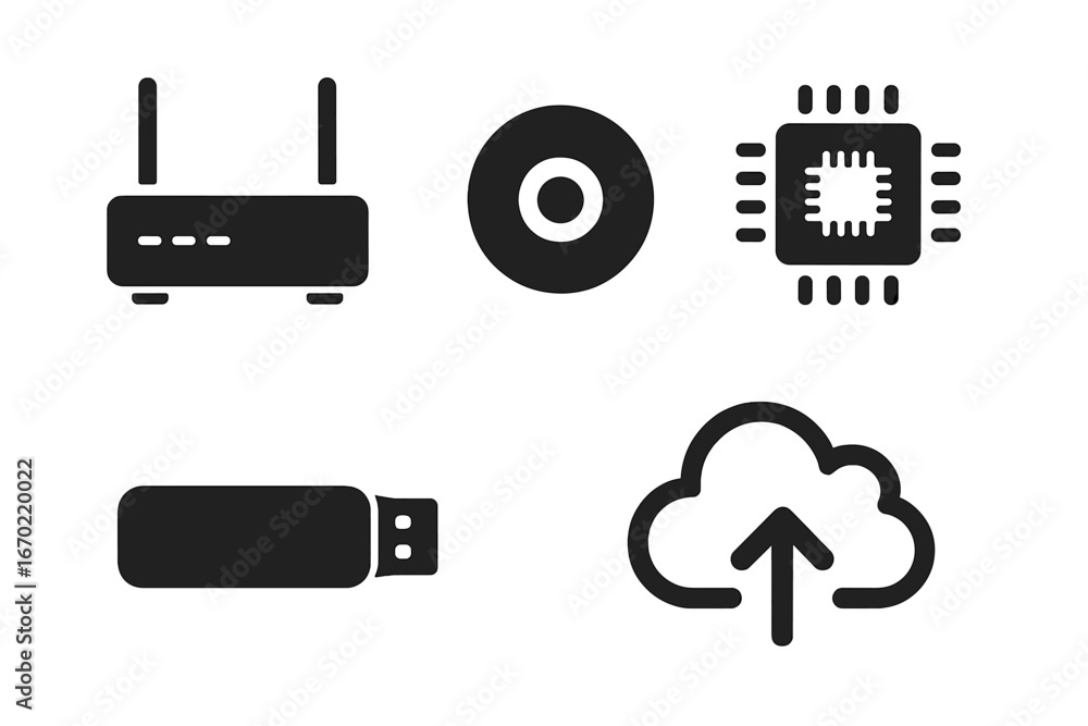 Poster digital technology icons representing data transfer and storage