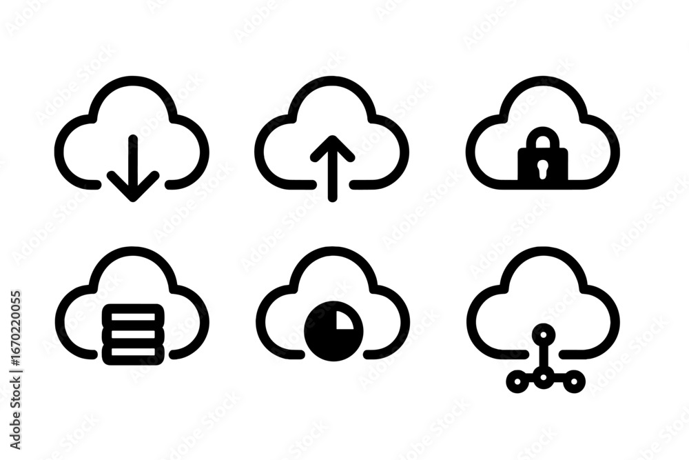 Aufkleber collection of vector outline icons representing cloud computing features and activities for digital 