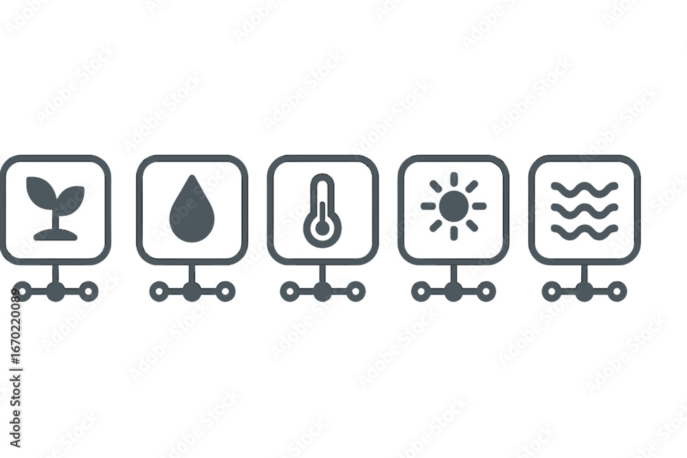 Poster collection of vector outline icons depicting nature and environmental elements in a minimalist desig