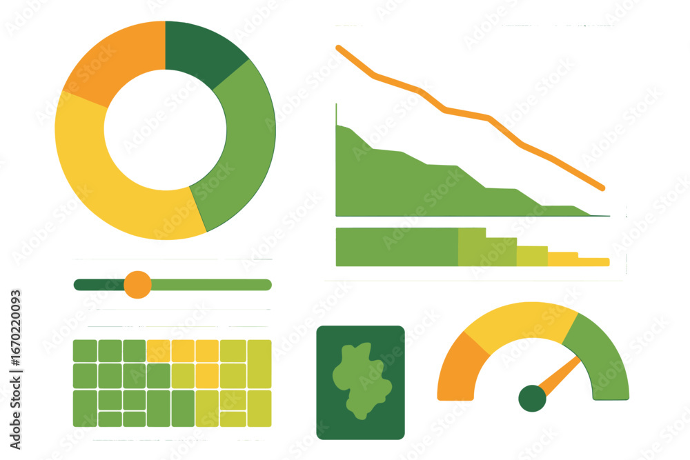 Poster vector outline icon set showcasing various data visualization elements, including charts, graphs, an