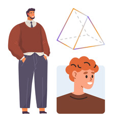 Confident man stands in casual outfit, pyramid-thumbs up geometric shape and smiling red-haired boy in square frame displayed. Ideal for teamwork, education, personality, diversity, relationships