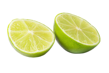Fresh green lime halves with vibrant color on a white isolated background.