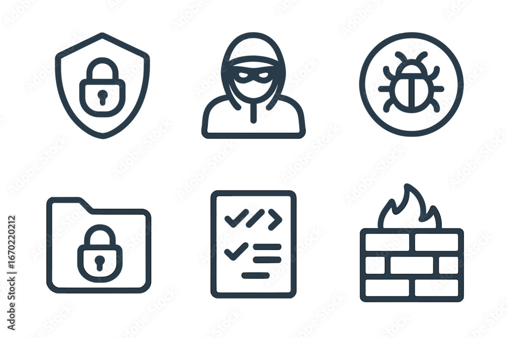 Poster vector outline icon set featuring security symbols, including locks, hacker figure, and malware repr