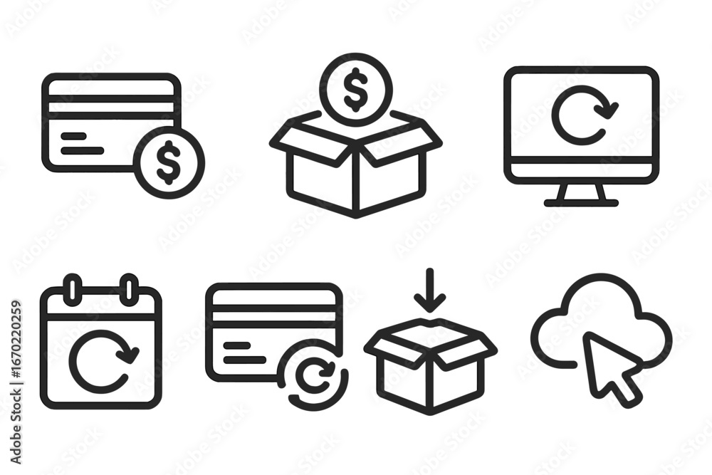 Poster vector outline icon set featuring financial transactions and storage solutions for digital applicati