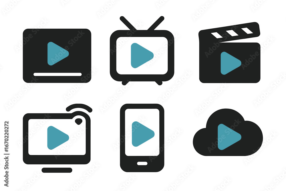 Poster vector outline icon set showcasing various multimedia playback symbols for digital content represent