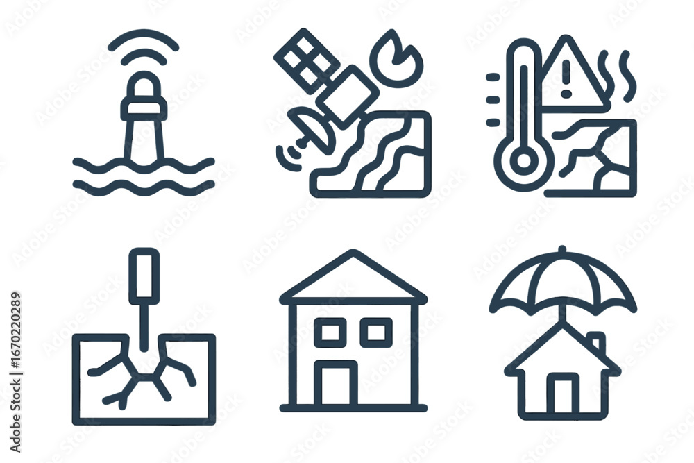Poster vector outline icon set featuring various symbols representing environmental monitoring and disaster