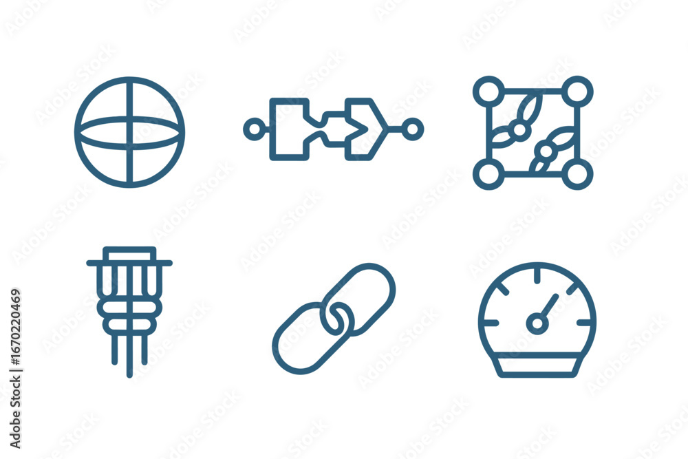Poster vector outline icon set featuring various elements including globe, arrows, links, and grids for des