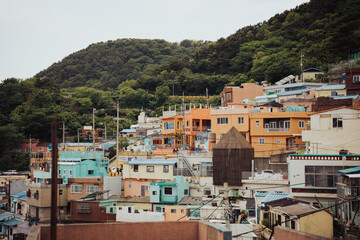 A view of the colorful hillside houses in Gamcheon Culture Village, a famous tourist attraction in Busan.South Korea