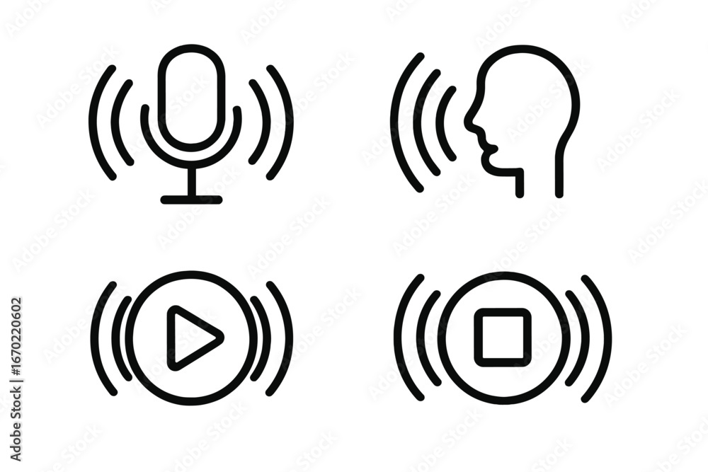 Poster vector outline icon set depicting sound-related symbols such as microphone, voice, play, and pause i