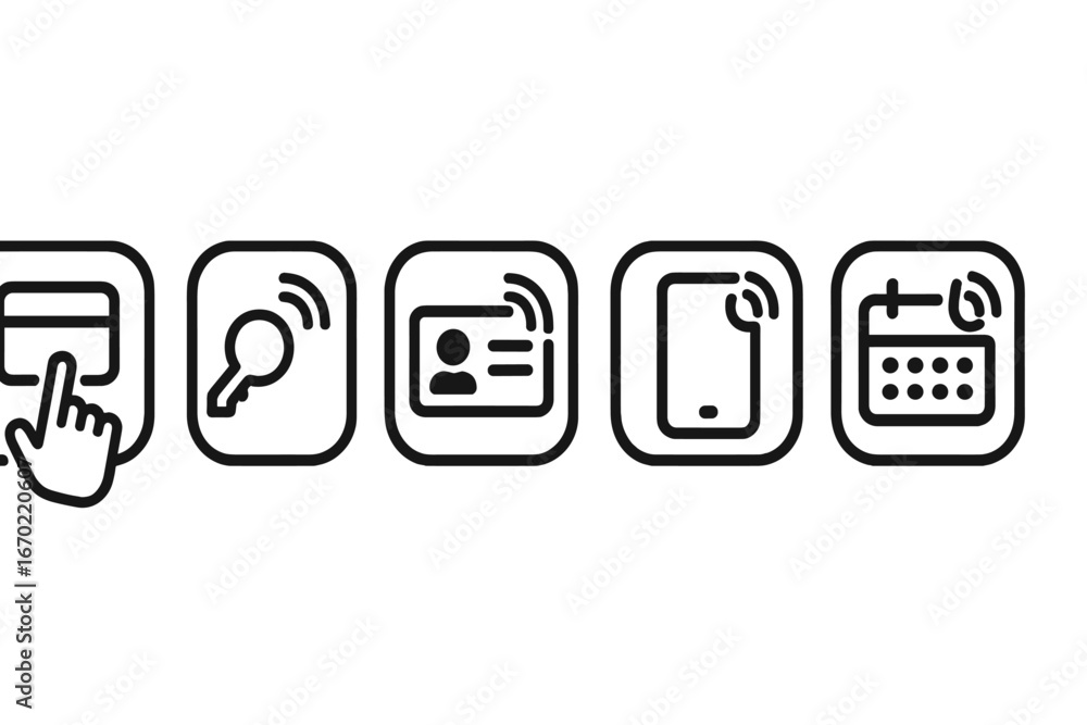 Aufkleber outline icon set representing various digital functionalities for user interaction and connectivity