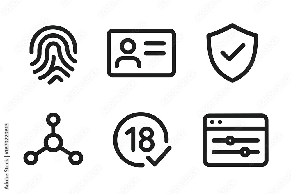 Poster outline icons representing identity verification and security concepts in a minimalist vector style