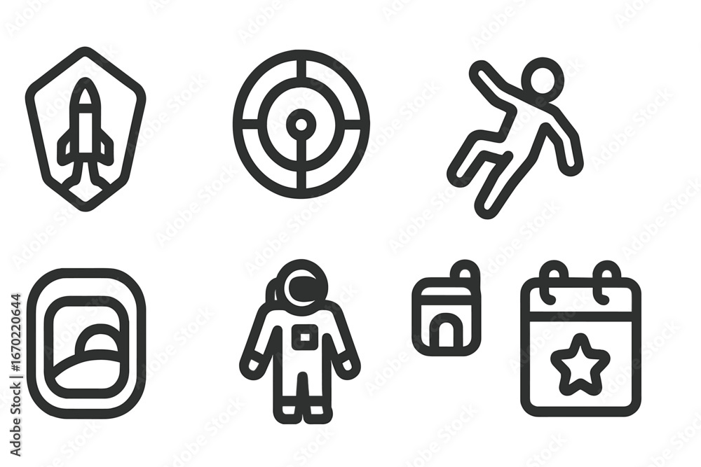 Poster vector outline icon set showcasing various themes including space exploration, target marking, and c