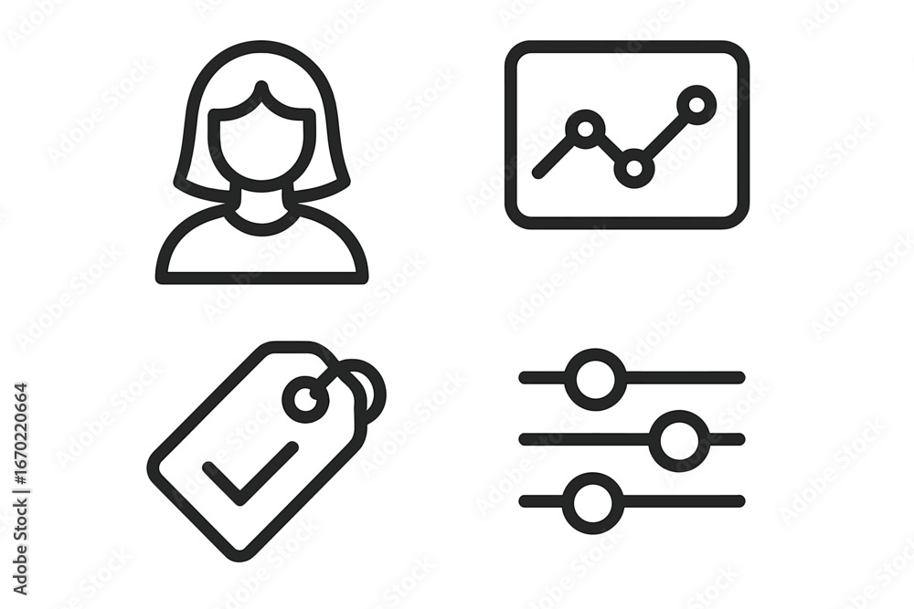 Poster vector outline icon set featuring user profile, analytics chart, tag, and adjustment sliders for int