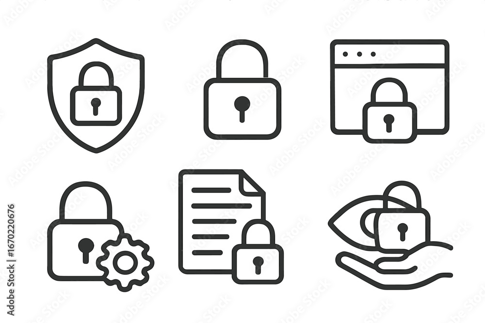 Poster collection of vector outline icons featuring padlocks in various contexts and designs for security r