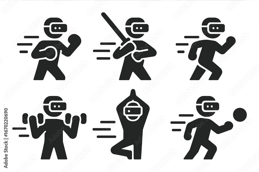 Poster vector outline icon set featuring various sports activities in virtual reality with bold designs and