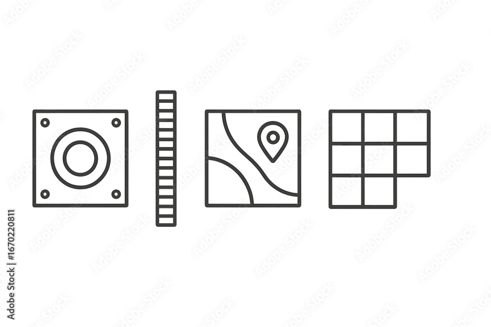 Poster geometric shapes and icons representing various concepts in design