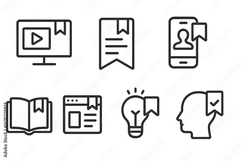 Poster vector outline icon set showcasing bookmarks for various digital and traditional media formats inclu