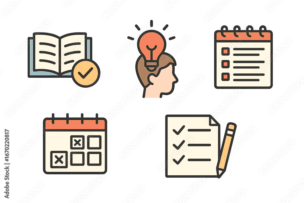 Poster vector outline icon set showcasing learning, planning, and creativity through various elements like 