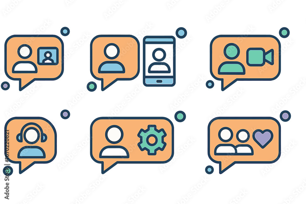 Poster vector outline icon set depicting communication and technology interactions in a modern design style
